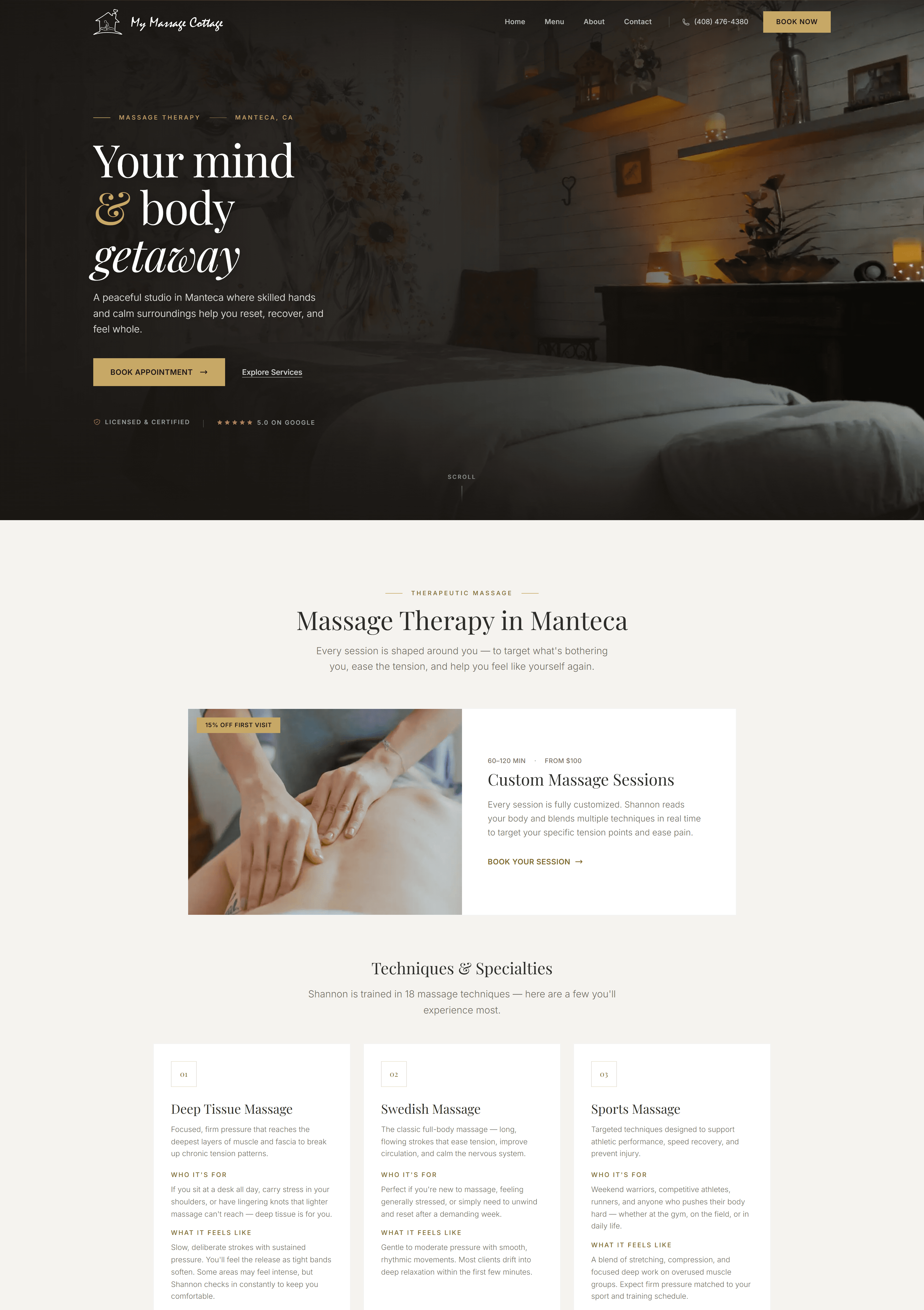My Massage Cottage — full website I designed and built, scrolling through the complete page